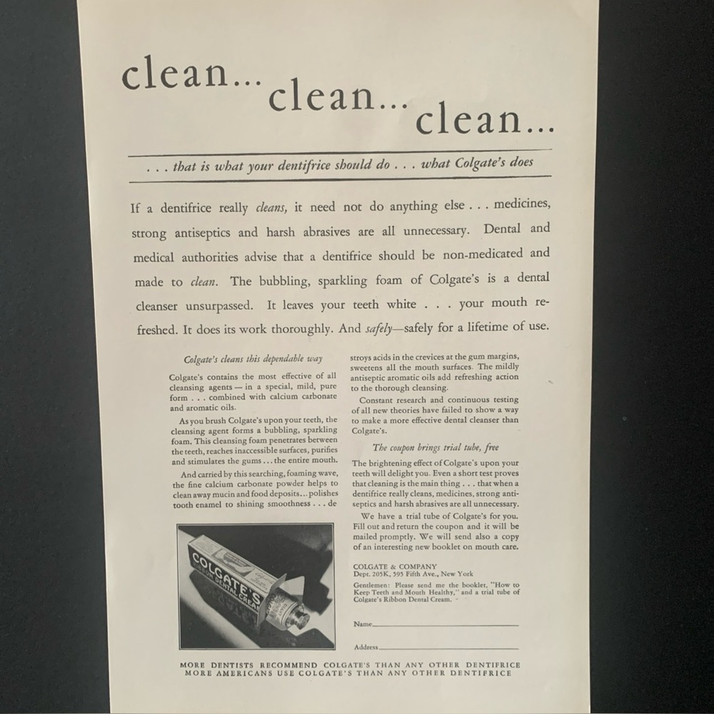 Vintage 1928 Colgate’s Toothpaste Clean Clean Clean Ad Advertisment